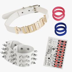  PCS Halloween Puddin Choker Leather Necklace Set Metal Adjustable Rivets Spike Bracelet Punk Style Jewelry Costume Tattoos Stickers Cosplay Accessori
