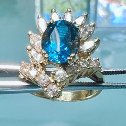 💖 14KT Yellow Gold Diamond Blue Topaz Ladies Ring