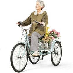 Adult Tricycle 7 Speed Trikes 3 Wheel 26'' Bikes for Adults, Trike for Women Men, Rear Removable Wheeled Baskets - Seniors & Commuters, 350 lb - Green