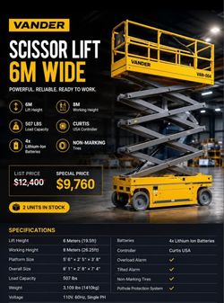 Vander 6M Slim Scissor Lift | Electric Aerial Work Platform | Lithium Battery | 507 lb Capacity