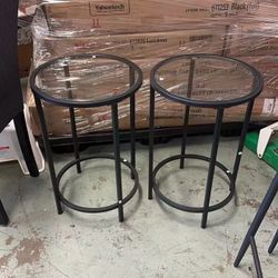 Black Glass End Table Set of 2, Round Side Table Modern Style Tall End Table Accent Table with Glass Top & Metal Frame, 2pcs Glass Side Table for Livi