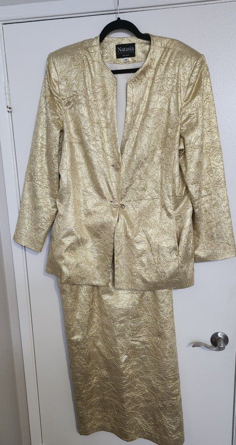 Vintage Natasia Collection New York 1980s Crinkle Gold Skirt Suit Plus Size 18