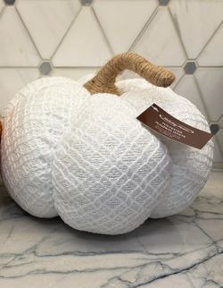 White Fabric Decorative Pumpkin in textured knit-style fabric. New with tags