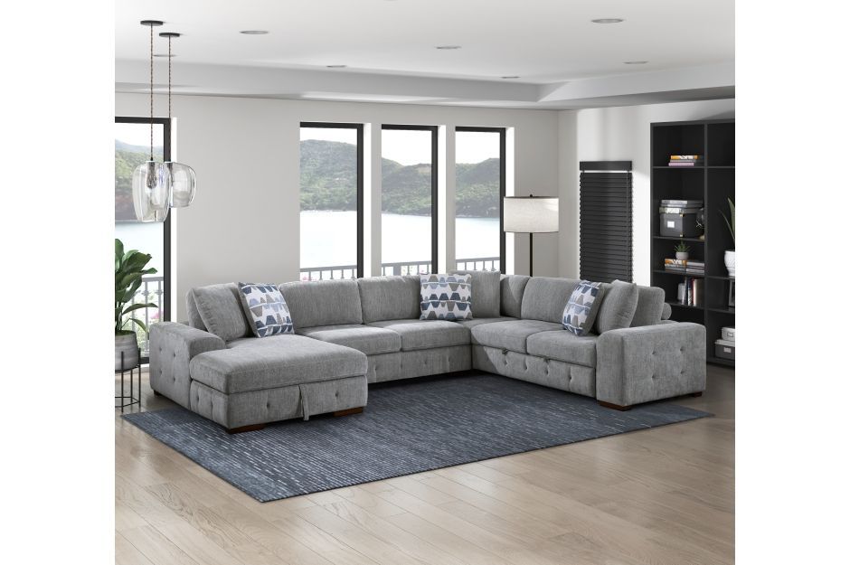 Brand new gray or blue chenille U sectional with pull-out bed (143" x 112" x 35"H)