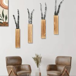 Wood Vase Natural Hanging Wall Decor 5pcs With Plants 