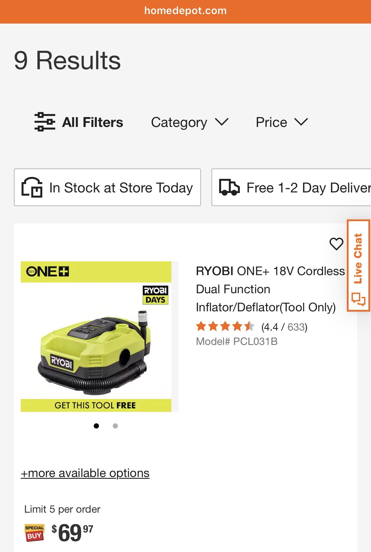 Ryobi ONE+ 18V Cordless Dual Function Inflator/Deflator(Tool Only)