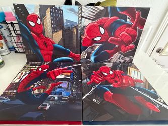4 panel Spiderman Canvas Art. Each piece about 12”  x 12”. Kids room furniture decor