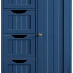 Wooden Bathroom Floor Cabinet, Side Storage Organizer Cabinet with 4 Drawers and 1 Cupboard, Freestanding Entryway Storage Unit Console Table, Bathroo