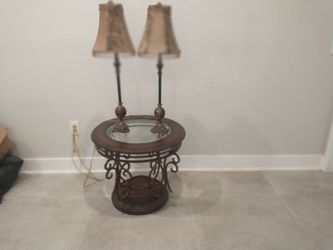 Glass with metal base side table & two Lamps