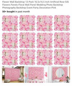 Flower Wall Backdrop 12-Pack 16.5x16.5 Inch Artificial Rose (Pink)
