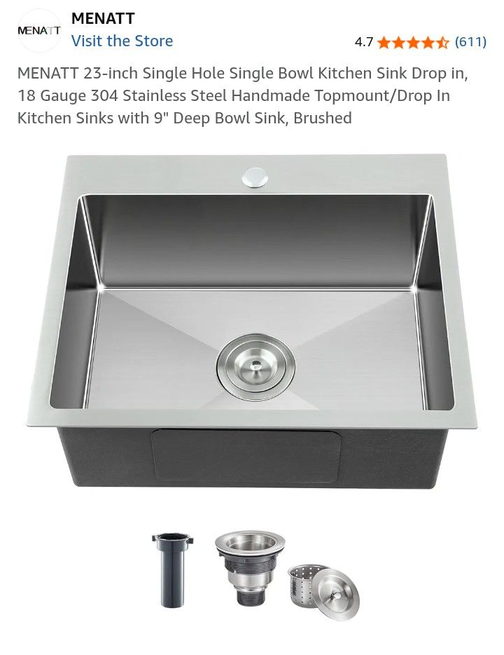 MENATT 23-inch Single Hole Single Bowl Kitchen Sink Drop in, 18 Gauge 304 Stainless Steel Handmade Topmount/Drop In Kitchen Sinks with 9" Deep Bowl Si