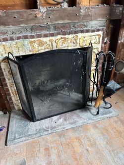 Vintage Complete Heavy-Duty Fireplace Hearth Set – Wrought Iron Tools, Screen, Bellows & Grate