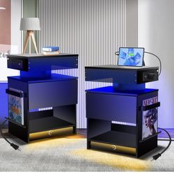 Nightstand with Induction Light & Side Charging Station, Modern Bedside Table with Drawer and Acrylic Bookshelf, Set of 2, Black End Tables for Bedroo