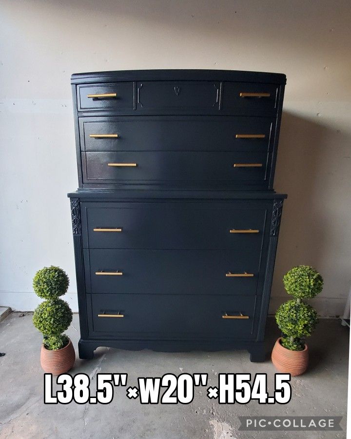 Dresser With 6 Drawers Refinished Black And Gold Pulls All Wood