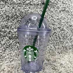 Starbucks Coffee 12oz Cup w/Plastic Green Straw Dome Lid Double Insulated