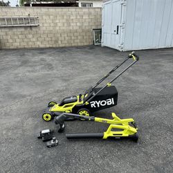 Ryobi 18v Cordless Mower With Blower And String Trimmer With Battery And Charger 