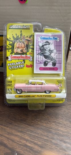 greenlight garbage pail kids diecast 1955 pink Cadillac, hound dog card Topps
