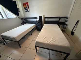 2 Twin Beds with Mattresses & Storage Headboards – Great Condition
