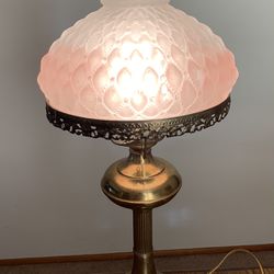 Vintage Parlor-Table Lamp Light Brass Fixture Pink Beaded/Quilted Shade