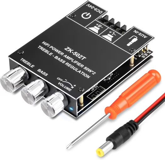 ZK-502T Bluetooth Amplifier Board,50W+50W 2.0 Channel Amp Board with Treble and Bass Control,DC 12-24V, Bluetooth and AUX Inputs, Audio Amp Board for 