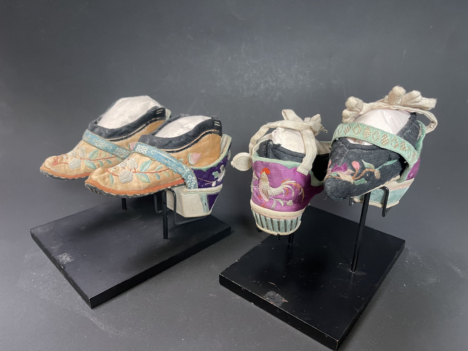 Two Pairs of Chinese Antique Embroidered Lotus Shoes(“Golden Lotus” for Foot-Binding)w/Stands