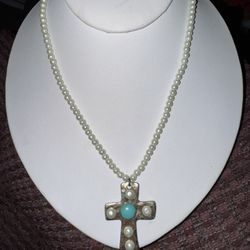 Vintage Memory Lane Southwestern Style Turquoise and Pearl Cross Necklace, 11.6g