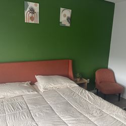 King Bed  Wingback Linen Upholstered Burnt Orange With Nightstands dresser And Chair And Ottoman