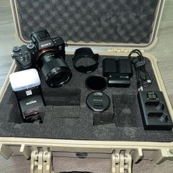 Sony Alpha A7 III Camera w/ Sony 35mm f/1.8 FE, Batteries, Godox Flash, & Case