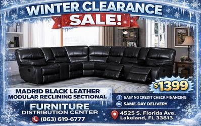 Winter clearance sale. Madrid black leather reclining sectional only $1399. Easy finance option. Same-day delivery.
