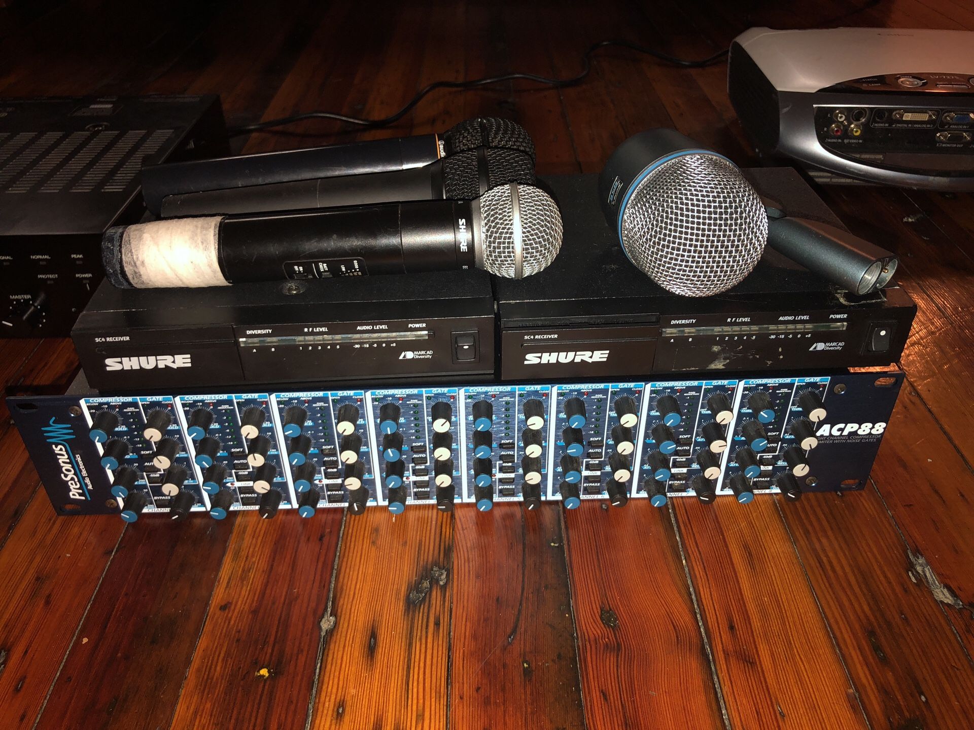 ACP88 audio electronics presonus channel compressor & shure microphones hand mic and wall mic Audio tech and a Pyle mic and 2 shure sc4 receivers