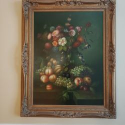 Vintage Large Framed Still Life -Fruit, Flowers & Birds Oil Canvas Signed Williams