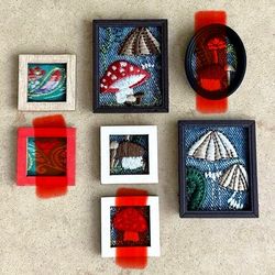 🍄 7 different handmade darling embroidered mini miniature framed artwork