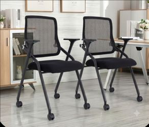 Set of 2 Updated Conference Room Chairs, Folding Office Desk Chair with Lumbar Support and Sliding Armrest with Casters, Stackable Office Guest Chairs