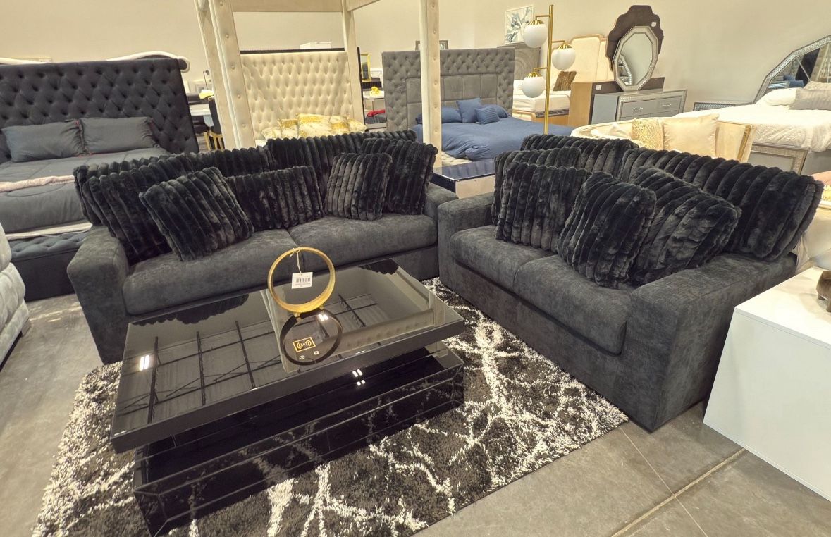 (NEW IN BOX)-Black Sofa & Loveseat With Pillows Finance Available $54 down pmt only!!