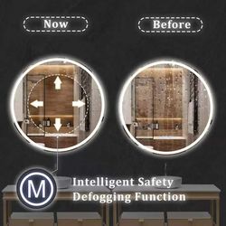 Bathroom smart mirror with three-color LED lights, 24”x24 round bathroom mirror,
