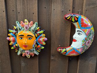 Mexican Talavera Sun and Moon Wall Decor, Pottery, Clay Pots, Planters.