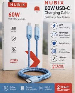 NUBIX 60W USB-C to USB-C Fast Charging Cable 1M Braided Data Sync 480Mbps Blue