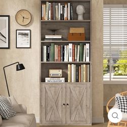 70.9” Tall Farmhouse Bookshelf with 4 Open Shelves & 2-Door Storage Cabinet – Gray Wood