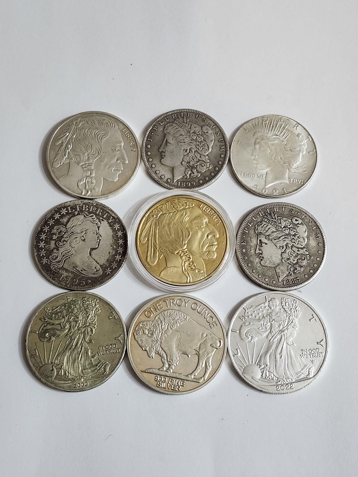 Lot Of (9) Replica Coins - Exact Size - Look Like Real Coins - Morgan , Peace Dollar & More