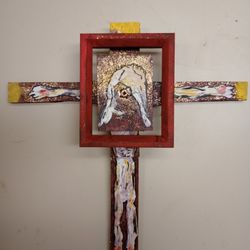Crucifixion Jesus Assemblage Folk Art *40.00* Acrylic on Wood 14.5" x 14.5" Artwork