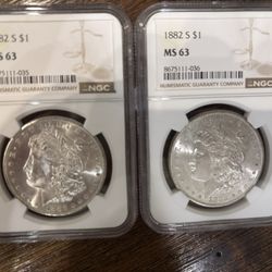 2× Slabbed Morgan Silver Dollars – 1882-S NGC MS63 (Lot)