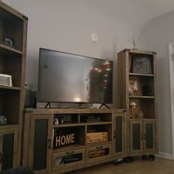 Entertainment Center,and 2 Wrought iron and leather barstools