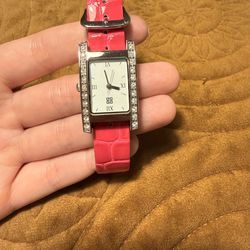 Rectangular Crystal-Trim Watch with Hot Pink Croc Strap