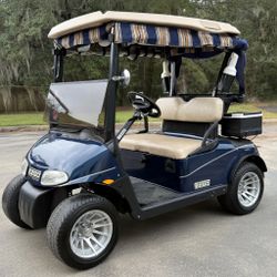 EZ-GO Golf Cart Navy Blue Beige Seats Striped Canopy - Like New – Ocala, FL