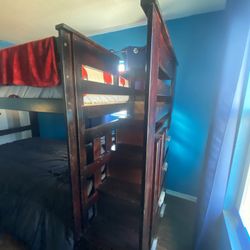 Triple Twin Bunk Bed Set in Dark Wood – Includes Mattresses & Storage