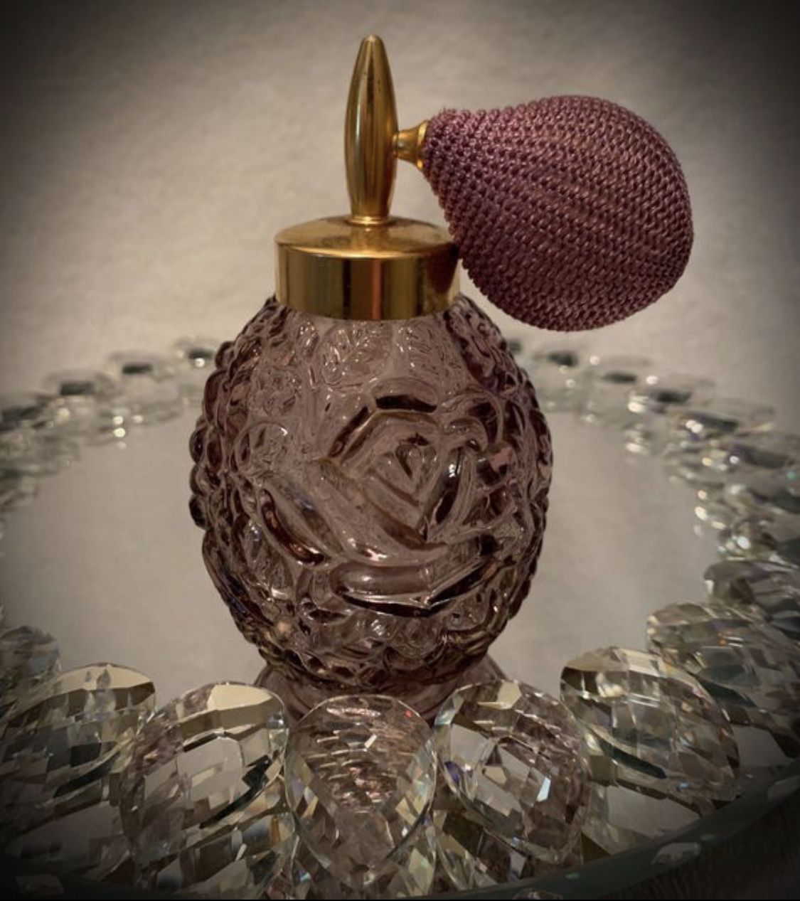 Antique Vintage Japan/Japanese Perfume/Parfum Pump Ball Atomizer Lilac Purple Glass Floral/Flower Rose Motif