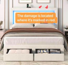 Queen Bed Frame with Adjustable Charged Headboard & Drawer,Velvet Upholstered, LED Lights and Charging Station, Off White