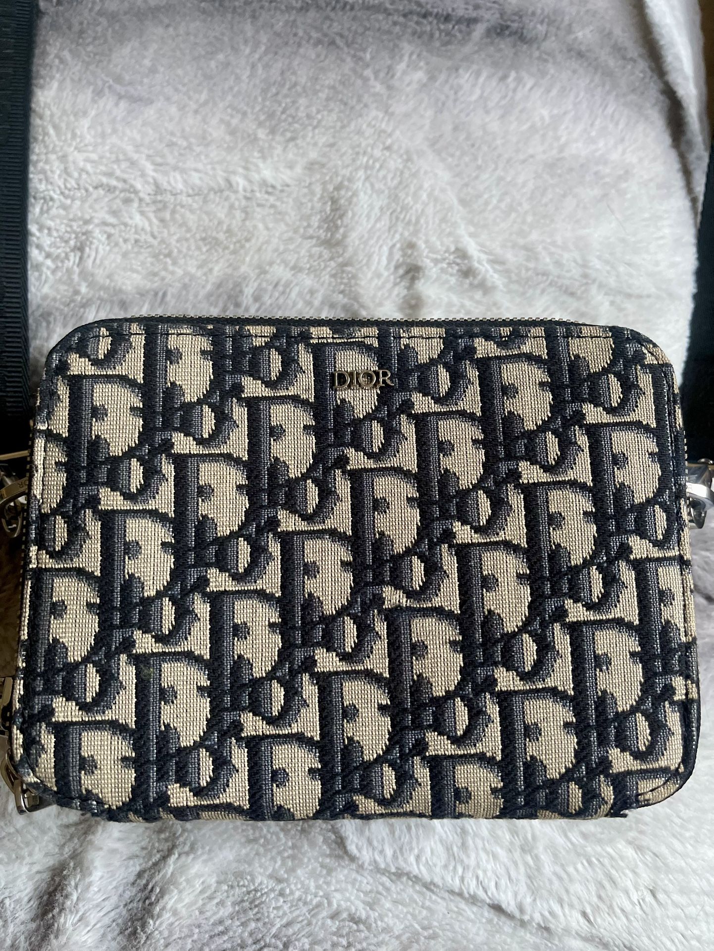 Beige and Black Dior Oblique Jacquard Zip Pouch