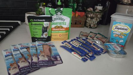 Assorted yummy cat food and treats