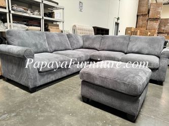 NEW Dark Gray Fabric Sectional Sofa and Ottoman Set Modern Ashley Style Designer BIG Discount SALE Grey Couch Furniture Warehouse Clearance Closeout